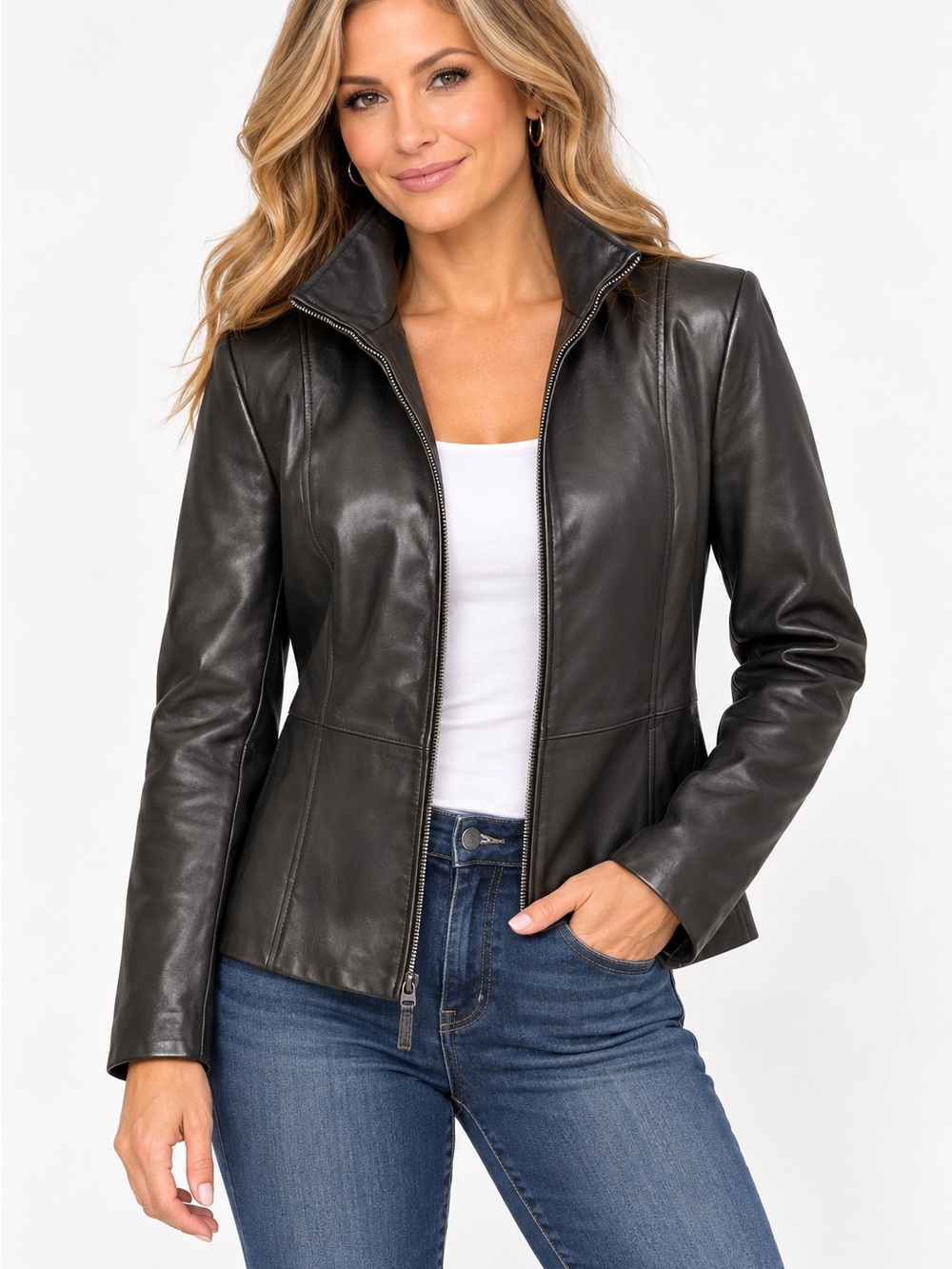 Investments Women's Black Lamb Skin Fitted Zip Jacket